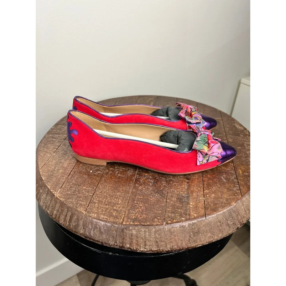 Dream Walkers Women Pink Purple Metallic Bow‎ Pointed Toe Flats Size 38